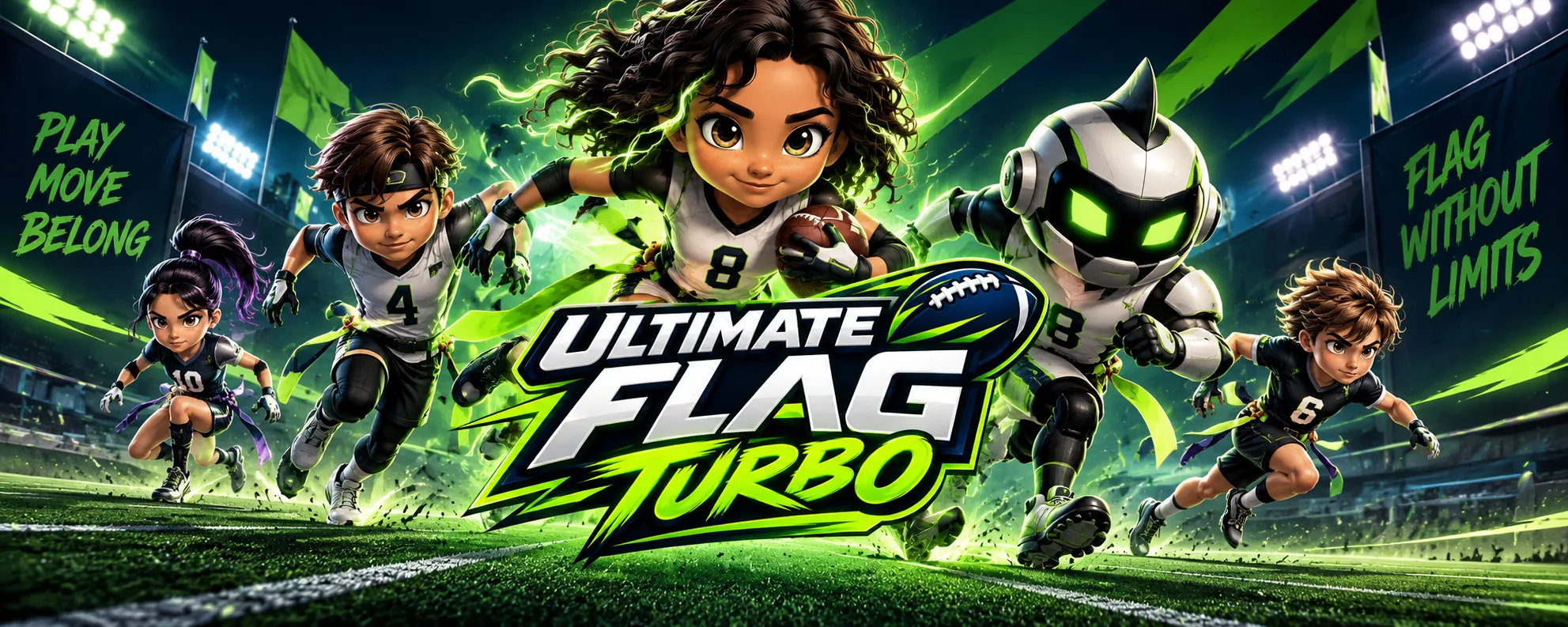 Ultimate Flag Turbo: el equipo corriendo con el balón en un estadio de noche