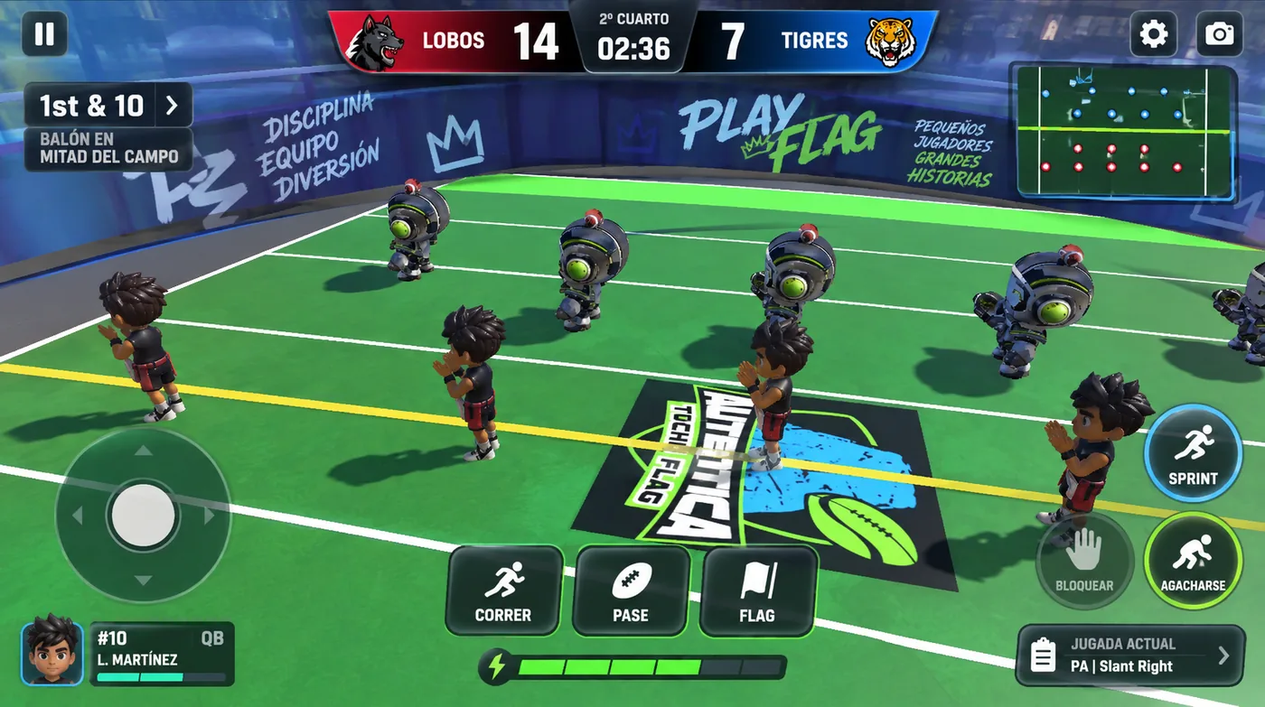 Partido en juego: marcador Lobos contra Tigres, joystick y botones de Correr, Pase, Flag y Sprint